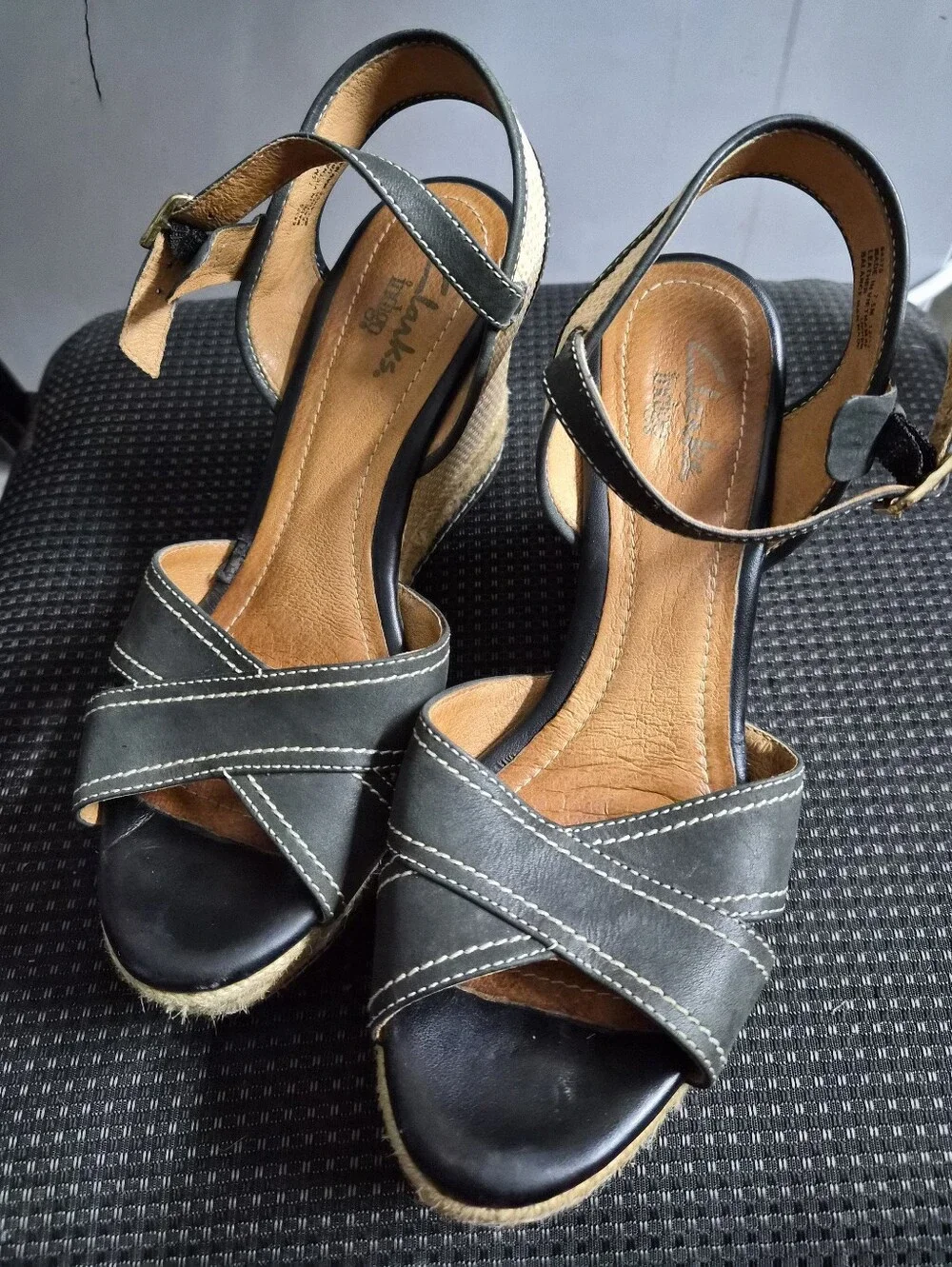 Clarks Black Leather Espadrille Wedge Sandals